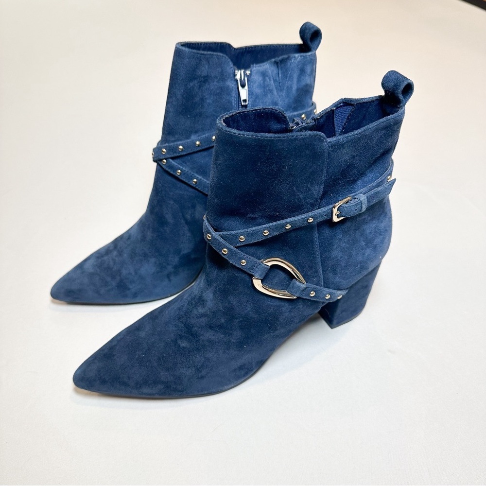 White House Black Market Blue Suede Ankle Boots with Gold Hardware